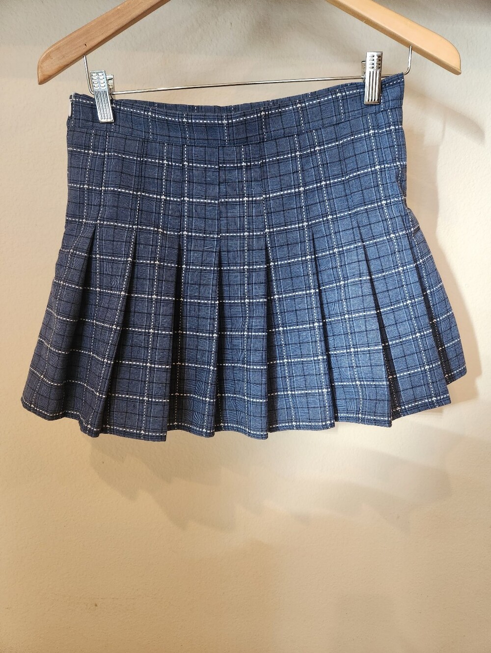 Pleated Light Blue And Navy Plaid Mini Skirt